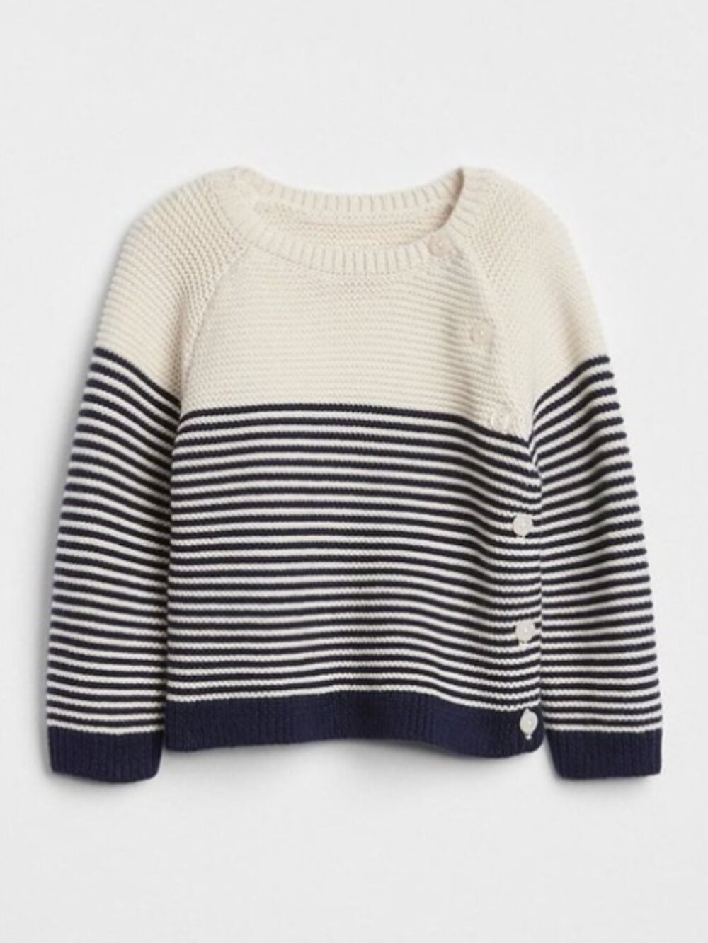 Baby GAP 12-18 100% cotton stripe side button chunky knit crew neck sweater